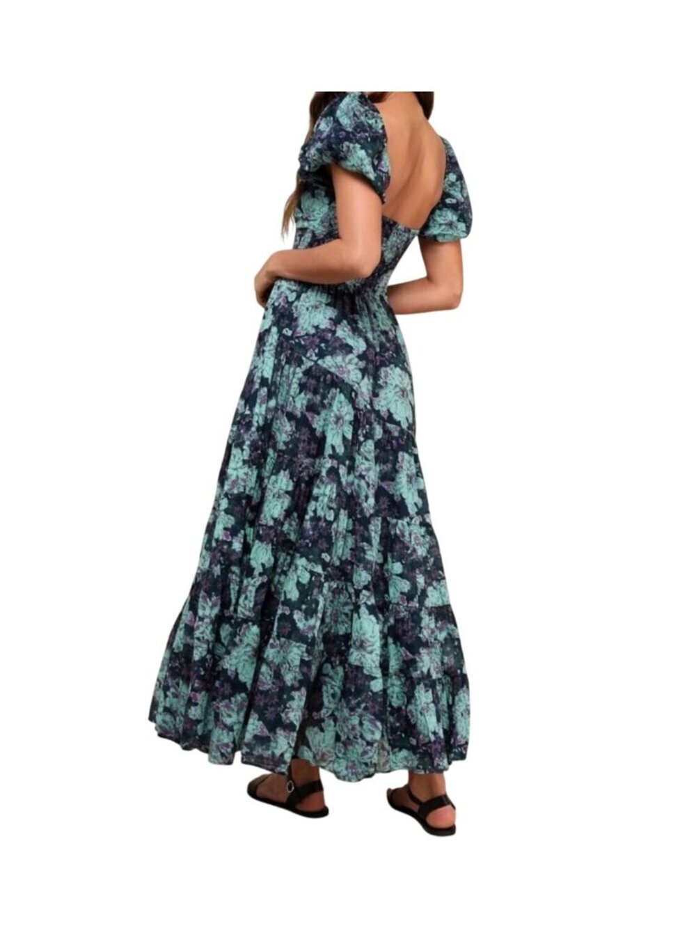 Free People Short Sleeve Sundrenched Maxi Floral Puff Sleeve 100% Cotton Medium